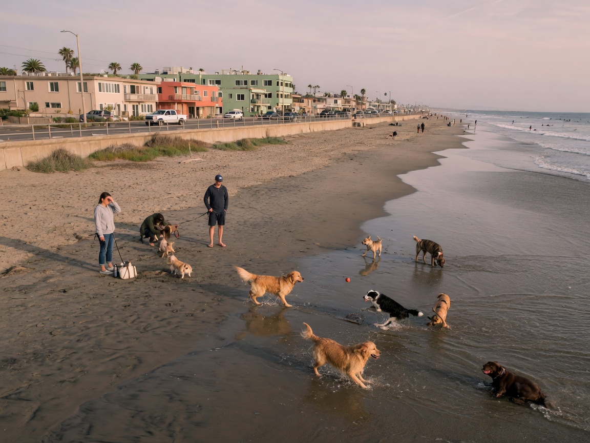 Dogs playing at Huntington Dog Beach along PCH