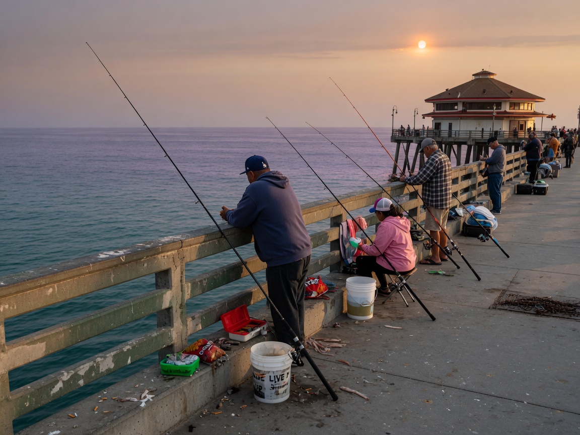 Fishing from the Huntington Beach Pier railing at sunset