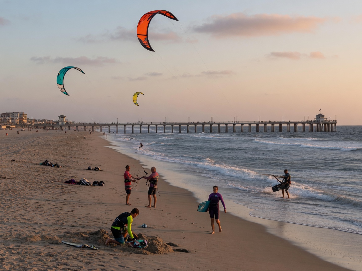 Kiteboarders north of the Huntington Beach Pier