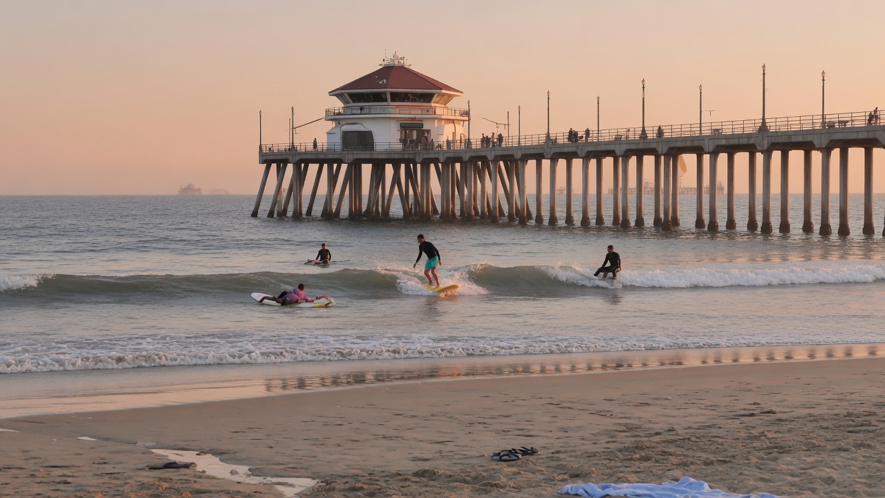Surfers at the Huntington Beach Pier at sunset